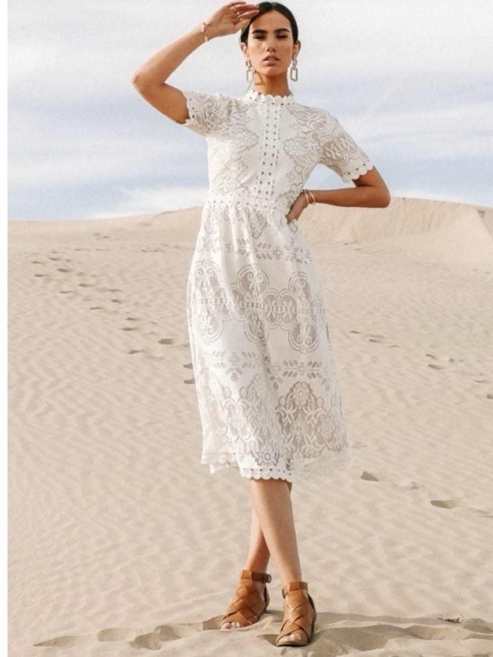 bohme White Scalloped Lace High-Neck Midi Dress